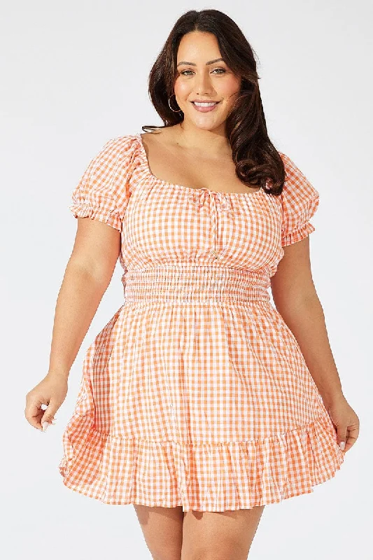 Taffeta Party Dresses with Pleated Bodice for Ladies' Structured and Formal LookOrange Check Fit And Flare Dress Short Sleeve Shirred Waist Taffeta Party Dresses with Pleated Bodice for Ladies' Structured and Formal LookOrange Check Fit And Flare Dress Short Sleeve Shirred Waist