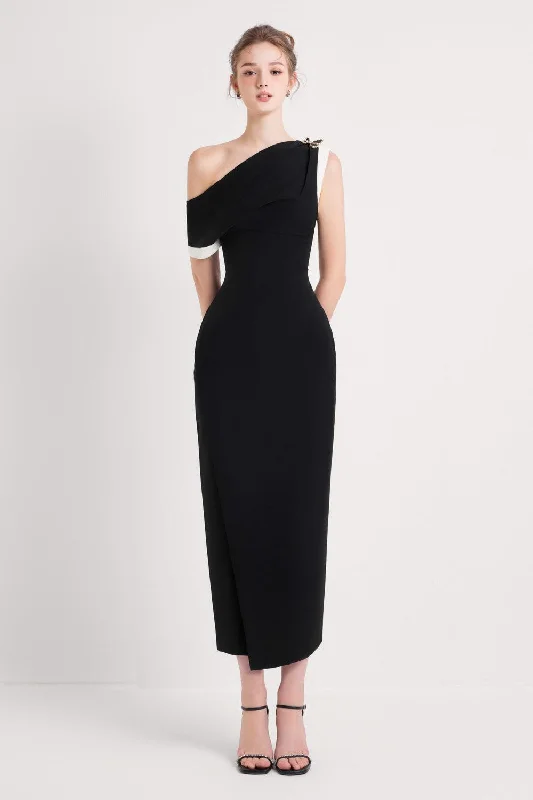 Midi dress for travel due to its versatility and durabilityOtis Pegged Diagonal Neck Polycotton Midi Dress