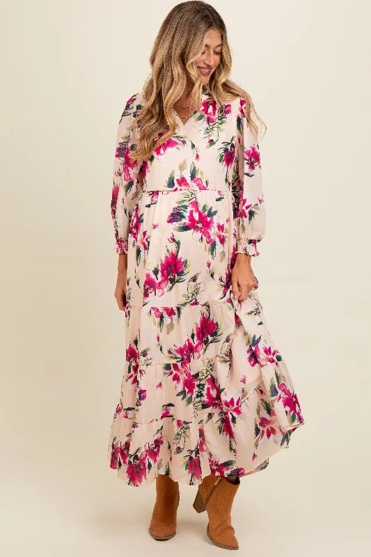 Maxi - length midi dress with a flowing silhouettePeach Floral V-Neck Tiered Maternity Midi Dress Maxi - length midi dress with a flowing silhouettePeach Floral V-Neck Tiered Maternity Midi Dress