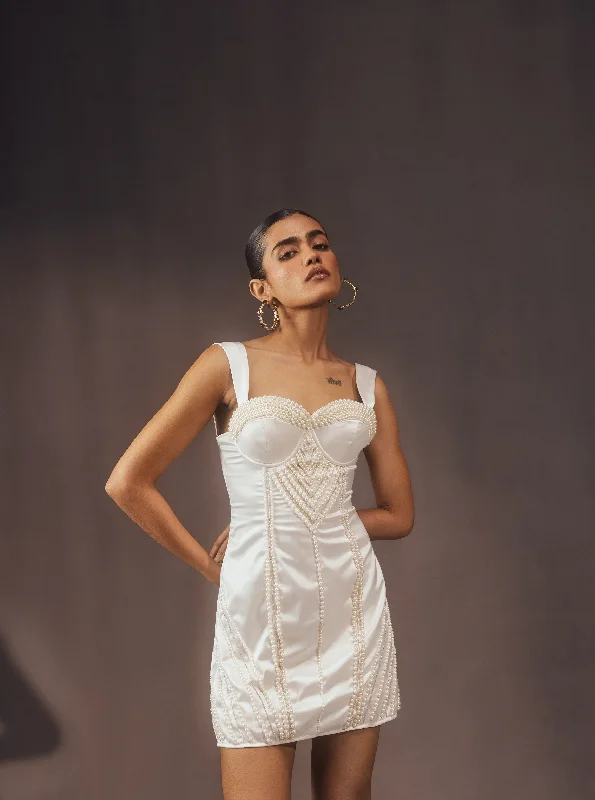 Party Dresses with Cut Out Details and Lace Insertions for Ladies' Bold and Feminine LookKamiko White Pearl Hand-Embroidered Mini Corset Dress Party Dresses with Cut Out Details and Lace Insertions for Ladies' Bold and Feminine LookKamiko White Pearl Hand-Embroidered Mini Corset Dress