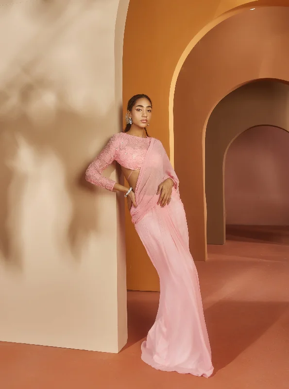 Tulle Party Dresses with Beaded Waistband for Ladies' Defined Waist and Graceful LookSarika Pink Flower Embroidery Pre- Draped Saree Set Tulle Party Dresses with Beaded Waistband for Ladies' Defined Waist and Graceful LookSarika Pink Flower Embroidery Pre- Draped Saree Set