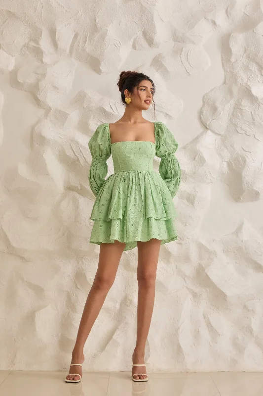 Party Dresses with Sequined Geometric Shapes and Lace and Chiffon Blend for Ladies' Modern and Feminine LookPixie Green Schiffli Puff Corset Dress Party Dresses with Sequined Geometric Shapes and Lace and Chiffon Blend for Ladies' Modern and Feminine LookPixie Green Schiffli Puff Corset Dress