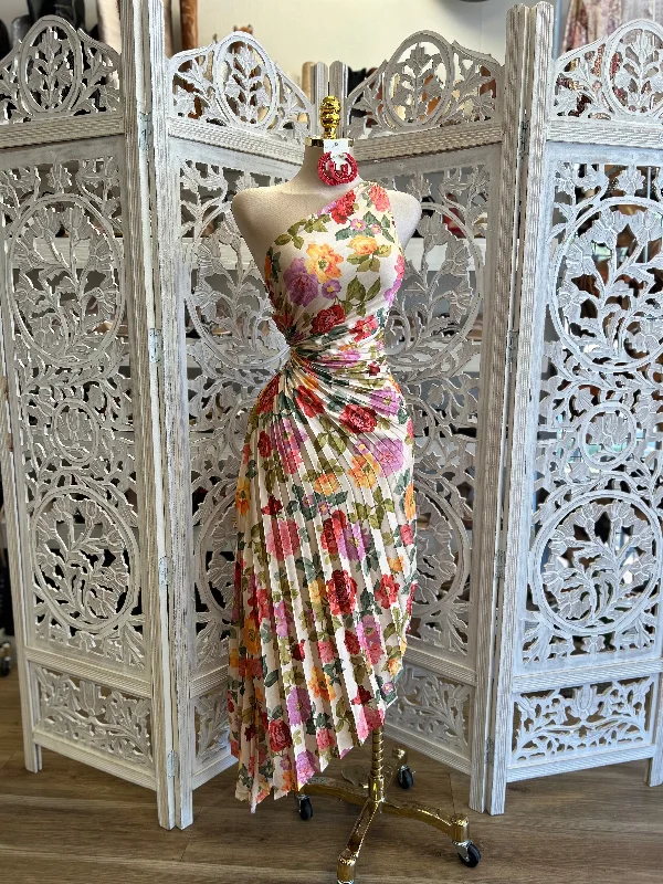 Party Dresses with Sequined Stripes and Sheer Back and Embroidered Birds for Ladies' Bold and Nature Inspired LookPleated Floral One Sleeve Dress- Estira Poco, Slightly Stretchy Party Dresses with Sequined Stripes and Sheer Back and Embroidered Birds for Ladies' Bold and Nature Inspired LookPleated Floral One Sleeve Dress- Estira Poco, Slightly Stretchy