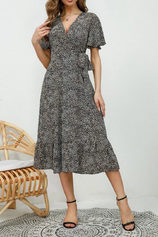 Midi dress for a wedding as a guest in a more casual weddingPrinted V-Neck Flutter Sleeve Midi Dress Midi dress for a wedding as a guest in a more casual weddingPrinted V-Neck Flutter Sleeve Midi Dress