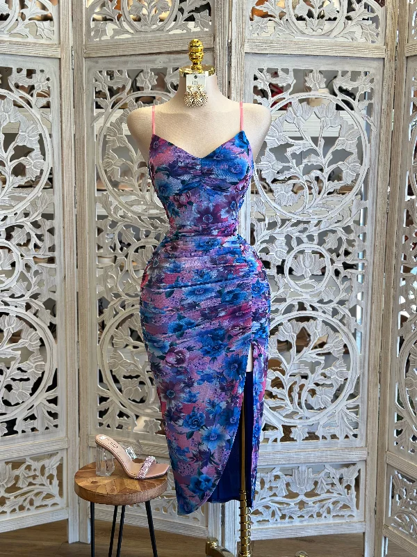 Plus Size Sequined Maxi Party Dresses for Curvy LadiesPurple Floral Midi Ruched Dress- Estira, Stretchy Plus Size Sequined Maxi Party Dresses for Curvy LadiesPurple Floral Midi Ruched Dress- Estira, Stretchy
