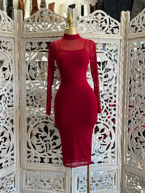 Long - sleeved wool midi dress for a warm and cozy winter optionRed Mesh Mock Neck Midi Dress Long - sleeved wool midi dress for a warm and cozy winter optionRed Mesh Mock Neck Midi Dress