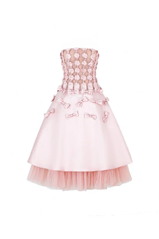Fringe - trimmed midi dress for a playful and trendy appearanceRonia A-line Straight Across Neck Taffeta Midi Dress