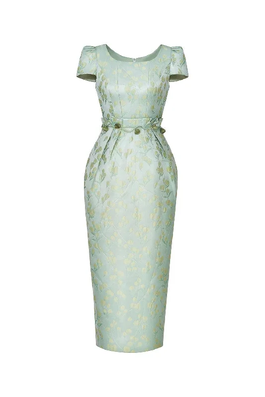 Asymmetric hem midi dress for a unique and fashionable styleRosalind Pegged Square Neck Brocade Midi Dress Asymmetric hem midi dress for a unique and fashionable styleRosalind Pegged Square Neck Brocade Midi Dress