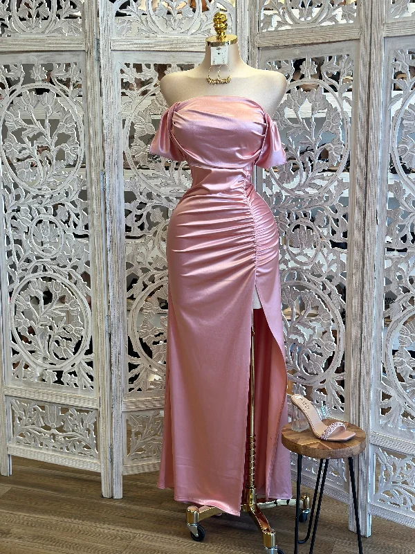 Party Dresses with Sequined Hearts and Ruffled Hem and Satin and Lace Combo for Ladies' Romantic and Feminine LookRose Gold Formal Ruched Dress- Estira, Stretchy Party Dresses with Sequined Hearts and Ruffled Hem and Satin and Lace Combo for Ladies' Romantic and Feminine LookRose Gold Formal Ruched Dress- Estira, Stretchy