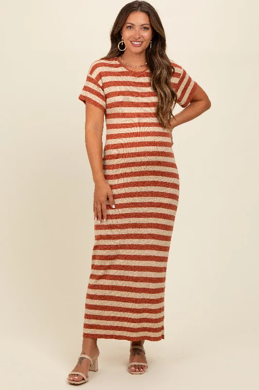 Midi dress suitable for office - appropriate casual wearRust Striped Knit Maternity Midi Dress Midi dress suitable for office - appropriate casual wearRust Striped Knit Maternity Midi Dress