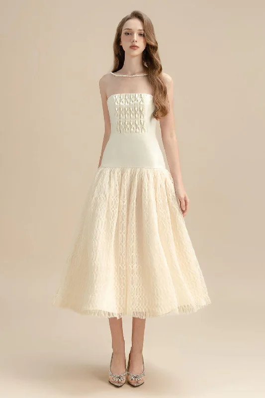 Off - the - shoulder midi dress for a flirty and romantic lookSaffron Drop Waist Straight Across Neck Lace Midi Dress