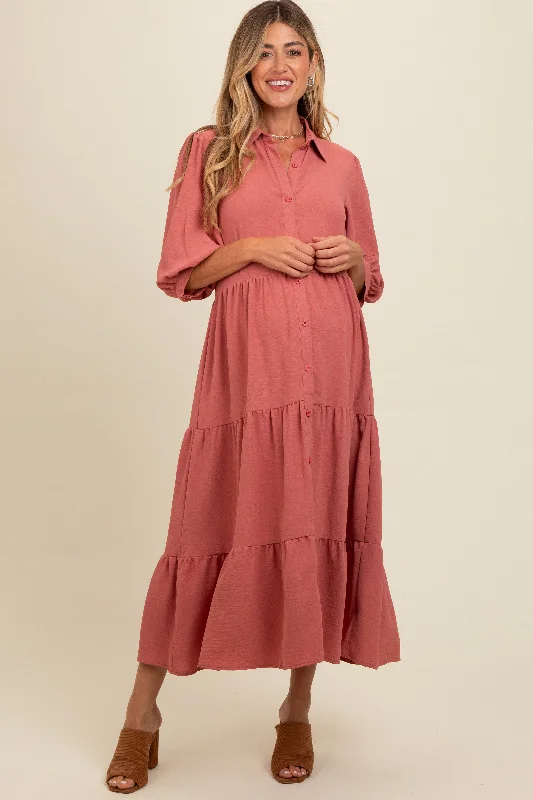 Midi dress for a countryside getaway for a laid - back and rustic lookSalmon Tiered Button Down Maternity Midi Dress Midi dress for a countryside getaway for a laid - back and rustic lookSalmon Tiered Button Down Maternity Midi Dress