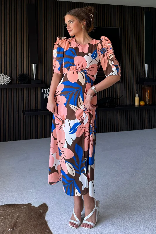 Wrap - style midi dress with a customizable fitSamira Navy Peach Floral Frill Sleeve Midi Dress Wrap - style midi dress with a customizable fitSamira Navy Peach Floral Frill Sleeve Midi Dress
