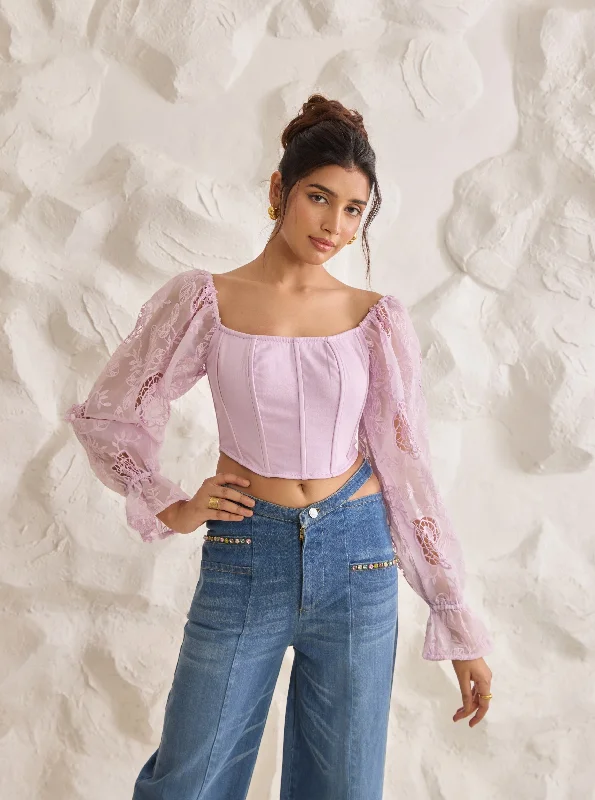 Empire Waist Party Dresses with Satin Sash for Ladies' Curvy Figure FlatteringSasha Lavender Embroidered Organza Sleeve Corset Top Empire Waist Party Dresses with Satin Sash for Ladies' Curvy Figure FlatteringSasha Lavender Embroidered Organza Sleeve Corset Top