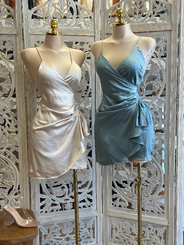 Party Dresses with Sheer Panels and Beaded Trim and Bow at the Back for Ladies' Sexy and Polished LookSatin Wrapped Mini Dress- Not Stretchy, No Estira Party Dresses with Sheer Panels and Beaded Trim and Bow at the Back for Ladies' Sexy and Polished LookSatin Wrapped Mini Dress- Not Stretchy, No Estira