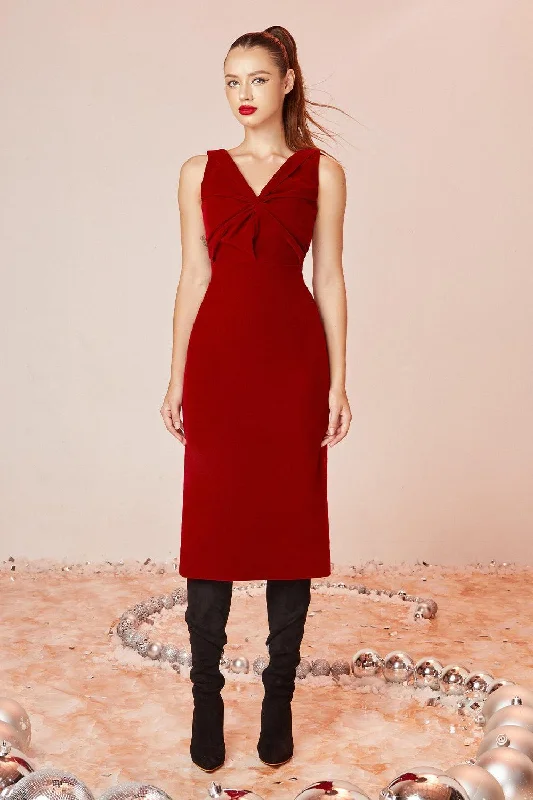 Satin midi dress for a smooth and shiny finishScarlet Sheath V-Neck Velvet Midi Dress