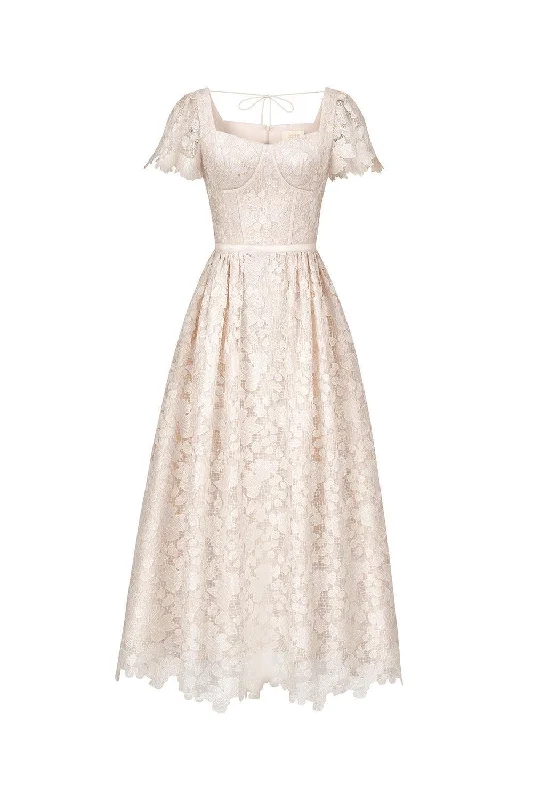 Bell - sleeve midi dress for a bohemian and stylish appearanceSerena A-line Short Sleeved Lace Midi Dress Bell - sleeve midi dress for a bohemian and stylish appearanceSerena A-line Short Sleeved Lace Midi Dress