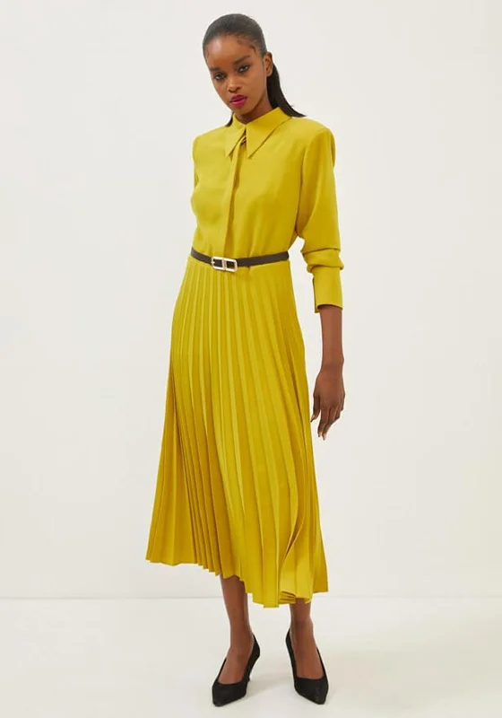 Off - the - shoulder midi dress for a flirty and romantic lookSetre Pleated Skirt Midi Dress, Chartreuse Off - the - shoulder midi dress for a flirty and romantic lookSetre Pleated Skirt Midi Dress, Chartreuse
