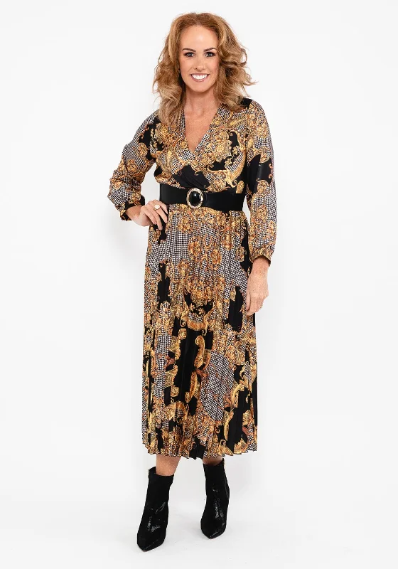 Contemporary - designed midi dress with modern detailsSeventy1 Ornate Print Pleat Midi Dress, Black