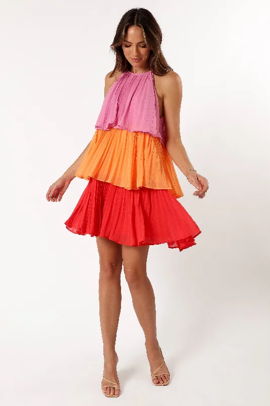 Party Dresses with Sequined Stripes and Sheer Back and Embroidered Birds for Ladies' Bold and Nature Inspired LookShortcake Tiered Mini Dress - Pink Orange Red Party Dresses with Sequined Stripes and Sheer Back and Embroidered Birds for Ladies' Bold and Nature Inspired LookShortcake Tiered Mini Dress - Pink Orange Red