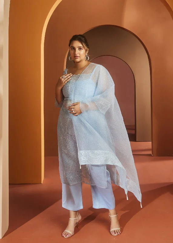 Party Dresses with Lace and Tulle Combo and Bow Accents for Ladies' Fairy Tale LookBarkha Sky Blue Embroidered Organza Kurta Set Party Dresses with Lace and Tulle Combo and Bow Accents for Ladies' Fairy Tale LookBarkha Sky Blue Embroidered Organza Kurta Set
