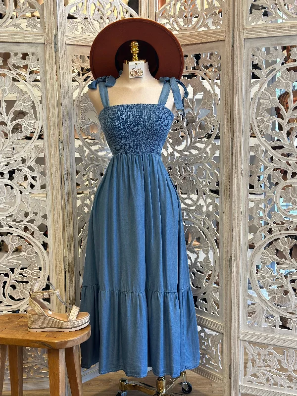 One Shoulder Party Dresses with Lace Overlay for Ladies' Sophisticated AppealSmocked Denim Maxi Dress- Estira, Stretchy One Shoulder Party Dresses with Lace Overlay for Ladies' Sophisticated AppealSmocked Denim Maxi Dress- Estira, Stretchy