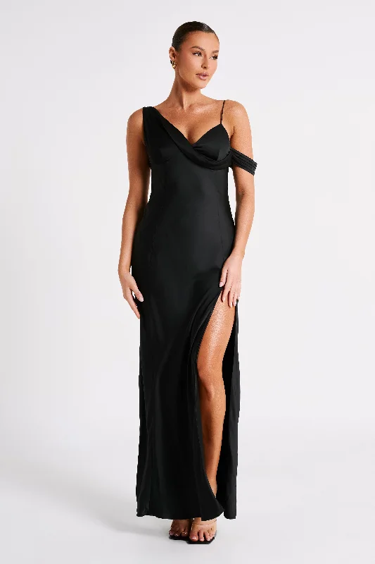 Party Dresses with Satin and Lace Trimmed Neckline and Ruffled Sleeves for Ladies' Sophisticated and Girly LookSoleil Satin Off Shoulder Maxi Dress - Black Party Dresses with Satin and Lace Trimmed Neckline and Ruffled Sleeves for Ladies' Sophisticated and Girly LookSoleil Satin Off Shoulder Maxi Dress - Black