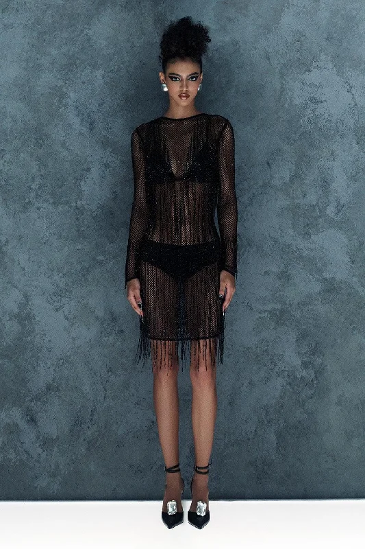 Party Dresses with Sequined Bodice and Chiffon Skirt for Ladies' Elegant ContrastSomber Straight Long Sleeved Mesh Knee-length Dress Party Dresses with Sequined Bodice and Chiffon Skirt for Ladies' Elegant ContrastSomber Straight Long Sleeved Mesh Knee-length Dress