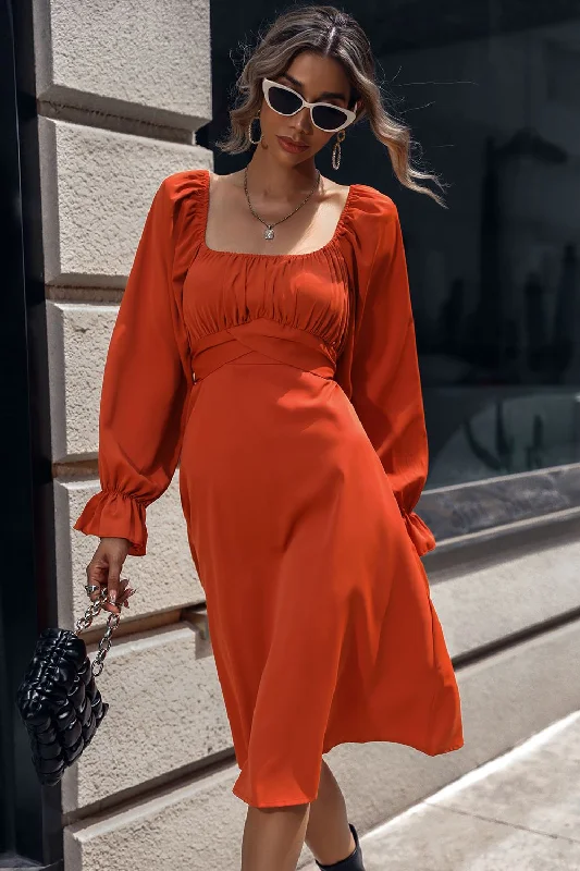 Midi dress for a city break to explore in style and comfortSquare Neck Flounce Sleeve Midi Dress