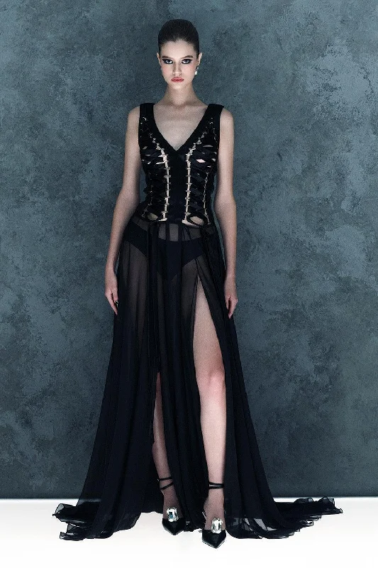 Plunging Neckline Party Dresses with Sequined Trim for Ladies' Glamorous EventsStardust Slit Sleeveless Silk Chiffon Floor Length Dress Plunging Neckline Party Dresses with Sequined Trim for Ladies' Glamorous EventsStardust Slit Sleeveless Silk Chiffon Floor Length Dress