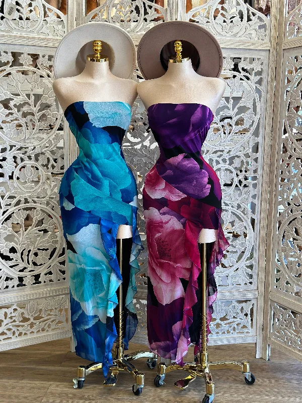 Party Dresses with Lace Insertions on the Skirt and Beaded Waistband and Ruffled Hem for Ladies' Feminine and Flirty LookStrapless Giant Flower Pattern Dress - Estira, Stretchy Party Dresses with Lace Insertions on the Skirt and Beaded Waistband and Ruffled Hem for Ladies' Feminine and Flirty LookStrapless Giant Flower Pattern Dress - Estira, Stretchy