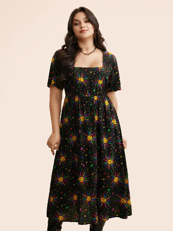 90s - inspired grunge midi dress with a casual and edgy lookSun Print Ruffle Sleeve Midi Dress