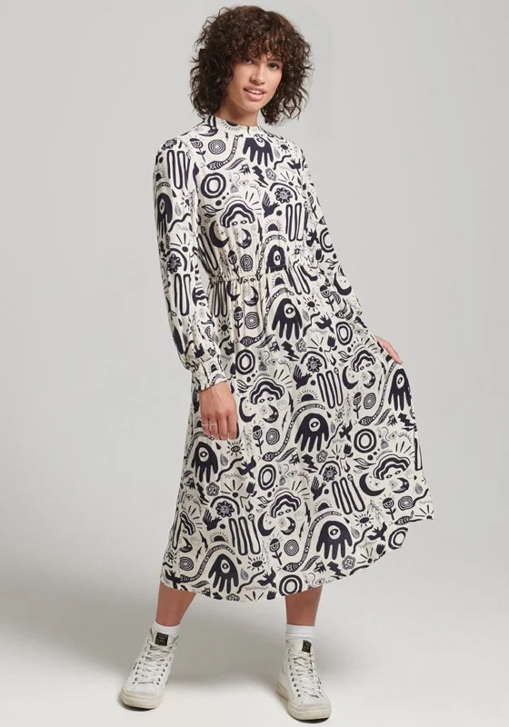 Midi dress for a gym session if it has sufficient stretchSuperdry Womens Vintage Graphic Midi Dress, Cream & Navy