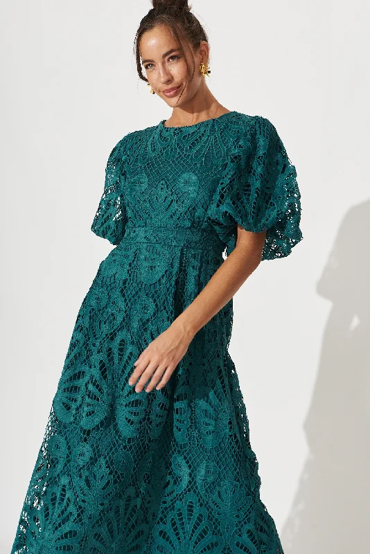Tiered Party Dresses with Floral Applique for Ladies' Garden PartiesTillie Lace Maxi Dress In Emerald