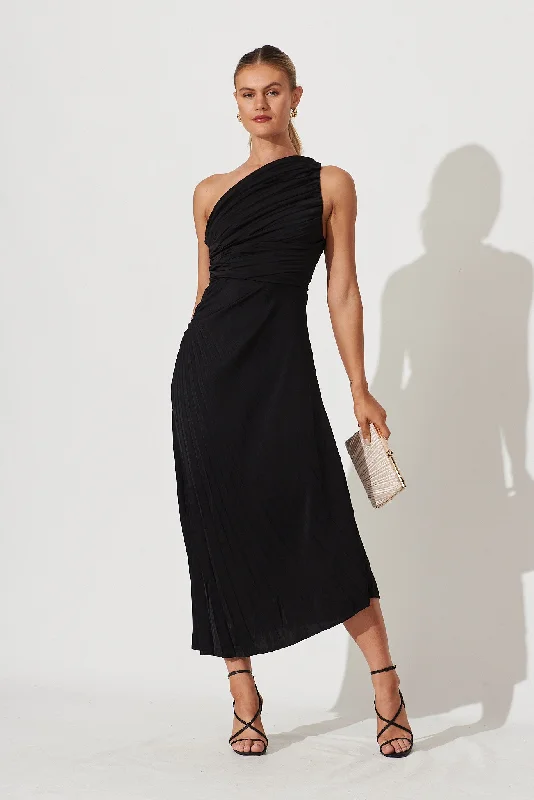 Party Dresses with Ruffled Sleeveless Top and Embroidered Skirt for Ladies' Dramatic and Artistic LookToulon One Shoulder Maxi Dress In Black Party Dresses with Ruffled Sleeveless Top and Embroidered Skirt for Ladies' Dramatic and Artistic LookToulon One Shoulder Maxi Dress In Black