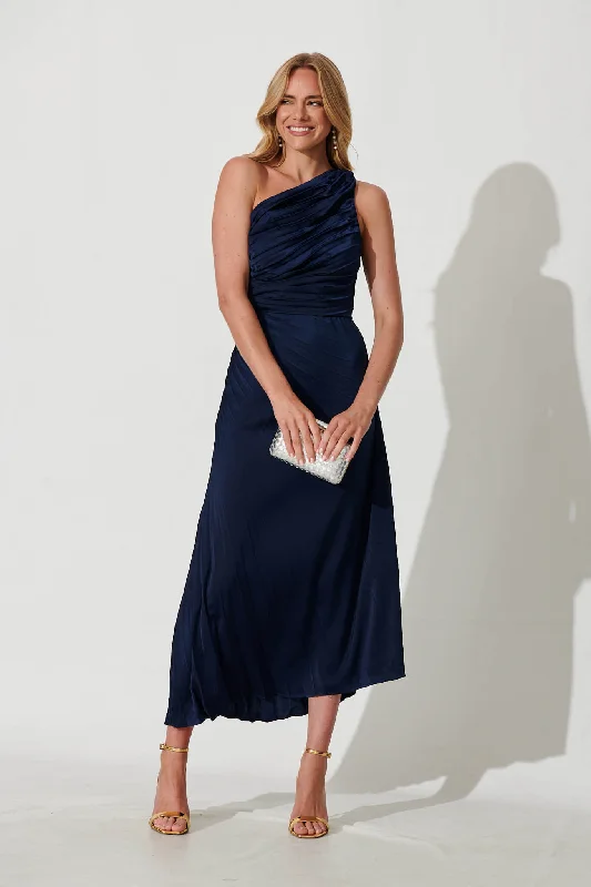 Party Dresses with Ruffled Sleeveless Top and Sequined Bodice and Tulle Skirt for Ladies' Dramatic and Glamorous LookToulon One Shoulder Maxi Dress In Navy Party Dresses with Ruffled Sleeveless Top and Sequined Bodice and Tulle Skirt for Ladies' Dramatic and Glamorous LookToulon One Shoulder Maxi Dress In Navy