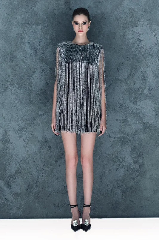 Party Dresses with Metallic Sequined Bodice and Chiffon Skirt and Ruffled Hem for Ladies' Glamorous and Flirty LookTwila Straight Jewel Neck Satin Mini Dress Party Dresses with Metallic Sequined Bodice and Chiffon Skirt and Ruffled Hem for Ladies' Glamorous and Flirty LookTwila Straight Jewel Neck Satin Mini Dress
