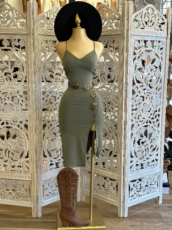 Midi dress for a countryside getaway for a laid - back and rustic lookOlive Triangle Slit Midi Dress