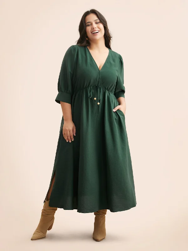 90s - inspired grunge midi dress with a casual and edgy lookV Neck Tie Knot Slit Hem Midi Dress 90s - inspired grunge midi dress with a casual and edgy lookV Neck Tie Knot Slit Hem Midi Dress