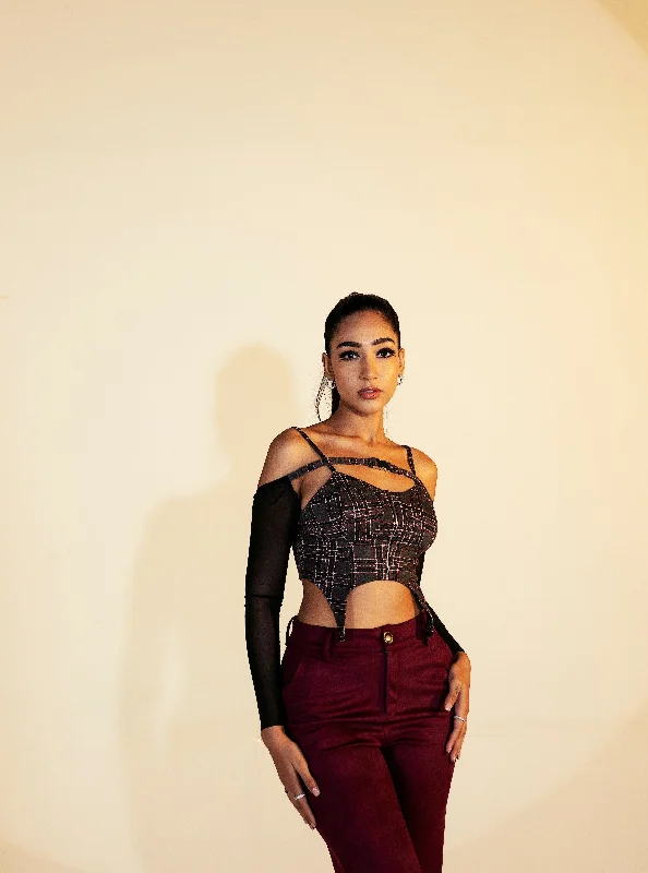 Party Dresses with Tassel Hem and Metallic Lace and Sequined Geometric Shapes for Ladies' Boho and Modern LookVera Burgundy Plaid Suspender Corset Party Dresses with Tassel Hem and Metallic Lace and Sequined Geometric Shapes for Ladies' Boho and Modern LookVera Burgundy Plaid Suspender Corset