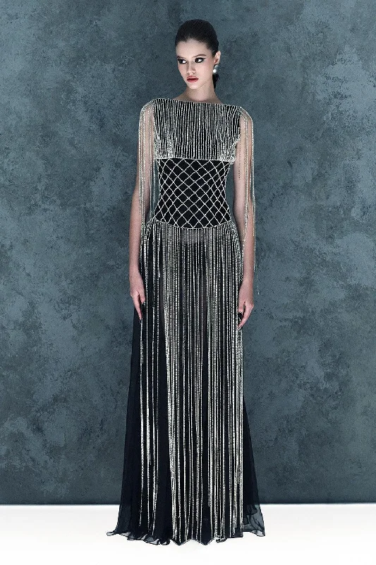 Party Dresses with Embroidered Stars and Sequined Dots for Ladies' Celestial and Playful LookVespertine Sheath Boat Neck Mesh Floor Length Dress Party Dresses with Embroidered Stars and Sequined Dots for Ladies' Celestial and Playful LookVespertine Sheath Boat Neck Mesh Floor Length Dress