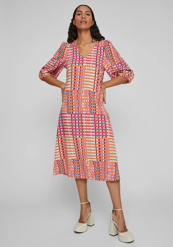 Fringe - trimmed midi dress for a playful and trendy appearanceVila Pipe Check Print Midi Dress, Multi