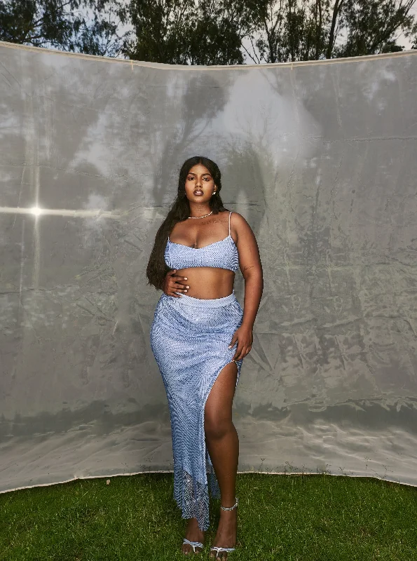 Party Dresses with Sheer Sleeve and Sequined Cuffs and Bow at the Waist and Embroidered Skirt for Ladies' Elegant and Intricate LookViolette Blue Crystal Mesh Co-Ord Set Party Dresses with Sheer Sleeve and Sequined Cuffs and Bow at the Waist and Embroidered Skirt for Ladies' Elegant and Intricate LookViolette Blue Crystal Mesh Co-Ord Set