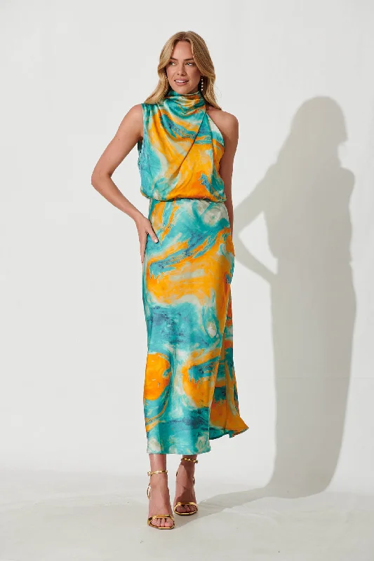 Party Dresses with Sequined Geometric Shapes and Lace and Chiffon Blend and Ruffled Sleeves for Ladies' Modern and Dramatic LookVisions Maxi Dress In Aqua With Orange Watercolour Satin Party Dresses with Sequined Geometric Shapes and Lace and Chiffon Blend and Ruffled Sleeves for Ladies' Modern and Dramatic LookVisions Maxi Dress In Aqua With Orange Watercolour Satin