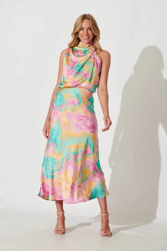 Party Dresses with Embroidered Stars and Sequined Dots and Sheer Sleeve for Ladies' Celestial and Elegant LookVisions Maxi Dress In Pink With Aqua Watercolour Satin