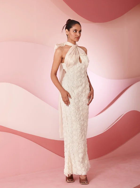 Organza Party Dresses with Sparkly Appliques for Ladies' Delicate and Dreamy LookRabia Ivory 3D Floral Embroidered Cutout Gown Organza Party Dresses with Sparkly Appliques for Ladies' Delicate and Dreamy LookRabia Ivory 3D Floral Embroidered Cutout Gown