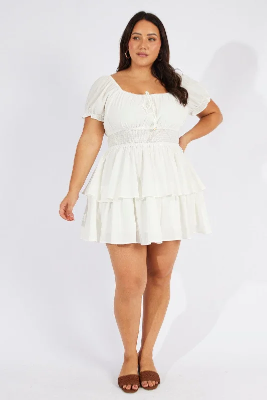 Embroidered Party Dresses with Metallic Thread for Ladies' Cultural FestivalsWhite Minidress Shirred Waist Layered Skirt Embroidered Party Dresses with Metallic Thread for Ladies' Cultural FestivalsWhite Minidress Shirred Waist Layered Skirt