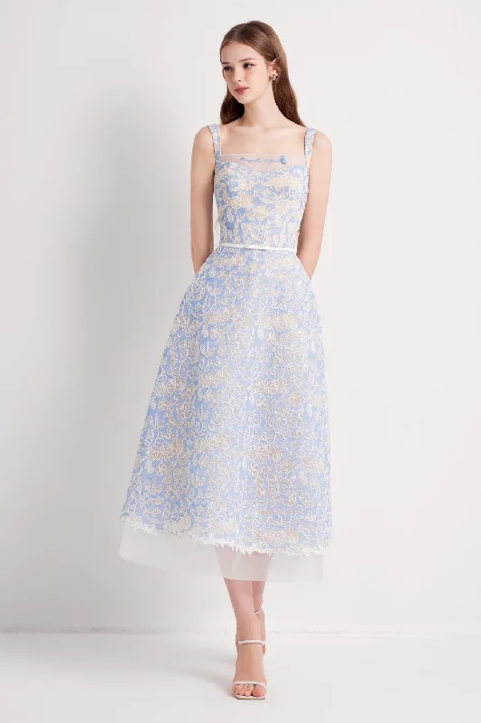 Midi dress for evening events when paired with the right accessoriesXavia A-line Square Neck Embroidered Lace Midi Dress