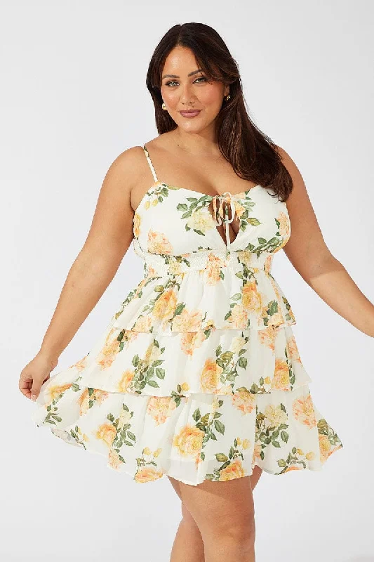 Party Dresses with Pleated Skirts and Lace Overlay for Ladies' Feminine and Timeless LookYellow Ditsy Fit And Flare Dress Sleeveless Cut Out Tiered Party Dresses with Pleated Skirts and Lace Overlay for Ladies' Feminine and Timeless LookYellow Ditsy Fit And Flare Dress Sleeveless Cut Out Tiered