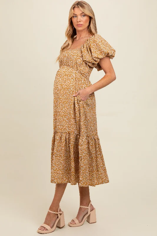 Tiered midi dress for a voluminous and feminine lookYellow Floral Puffed Sleeve Maternity Midi Dress Tiered midi dress for a voluminous and feminine lookYellow Floral Puffed Sleeve Maternity Midi Dress